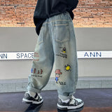 Spring Autumn New Childrens Boys Graffiti Jeans Cartoon Printed Stretch Loose Versatile Baby Boys Pants Kids Boys Denim Pants