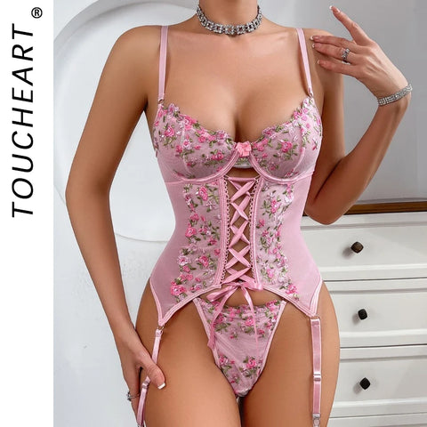 Toucheart Sexy Lingerie Suit for Women Broken Flowers Lingerie Lace Up Hollow Out Sexy Embroidery Sling Underwear Garters Set